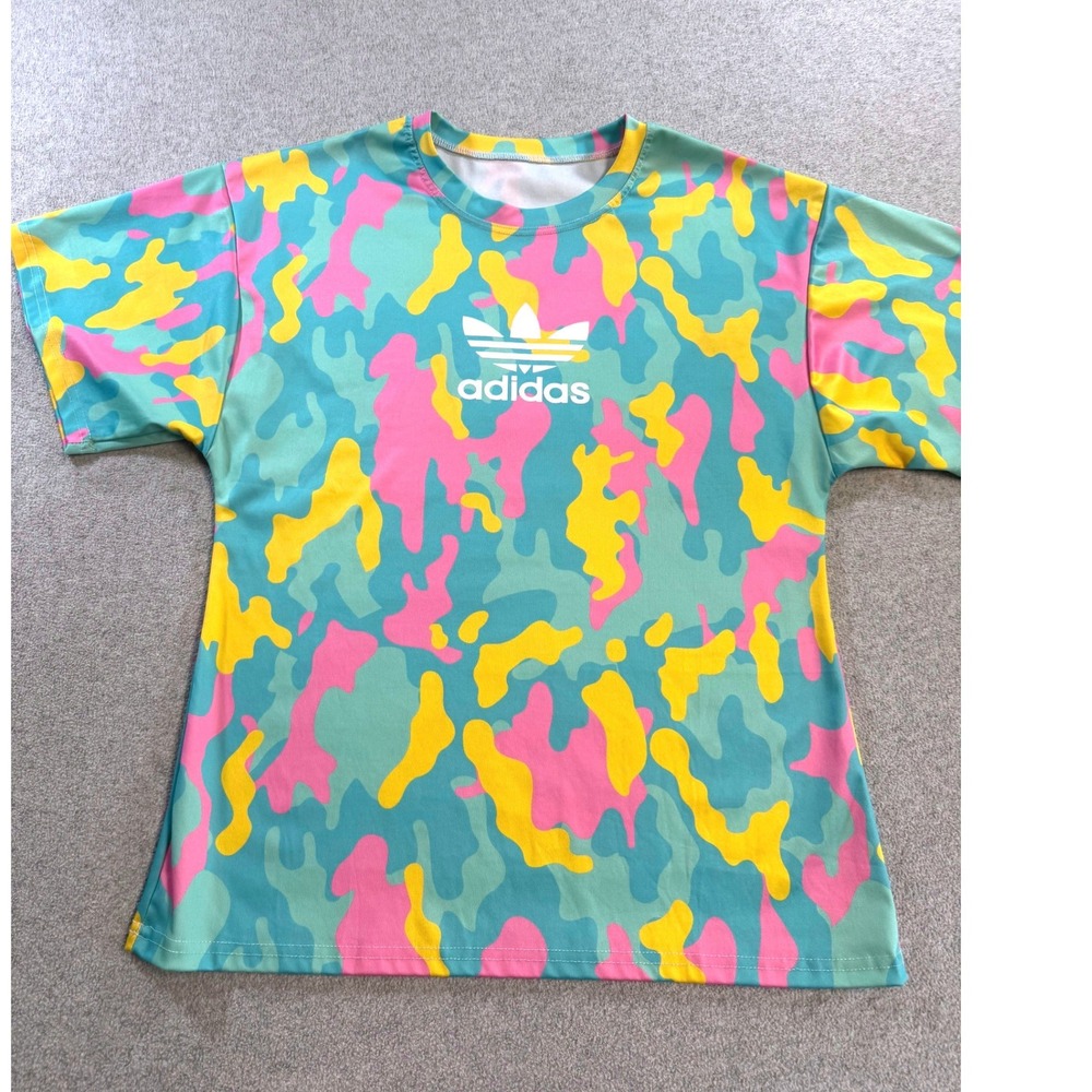 Adidas T-Shirt Kids XXL Pink Yellow Teal Neon Camo Excellent Trefoil Logo